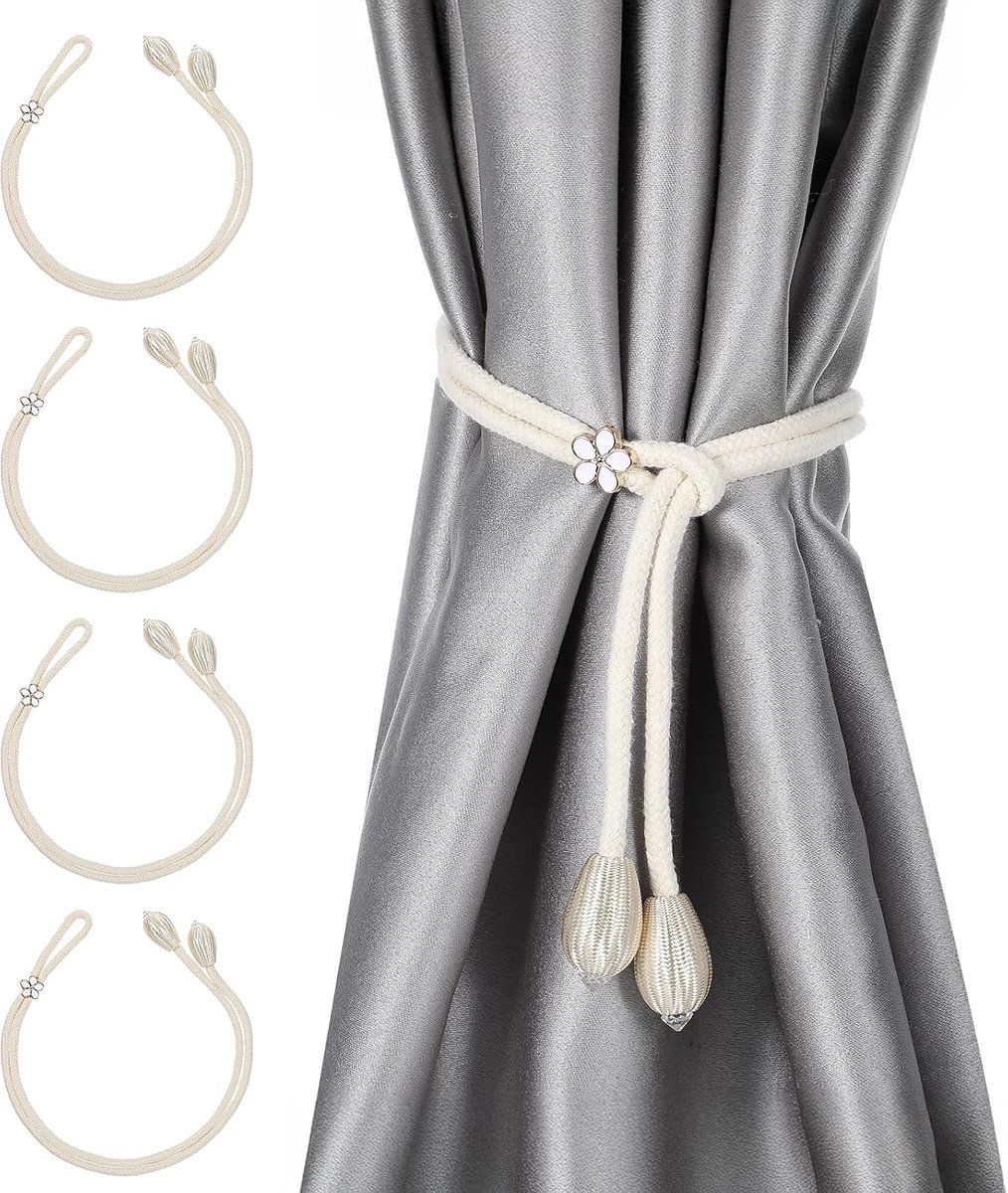 SnelShoppen - Set van 4 Handgeweven Bloemen, Gordijnhouders, 53 cm, Geen Boren Nodig, Verstelbare Gordijnlus, Boho voor Gordijnen, Decoratie, Woonkame