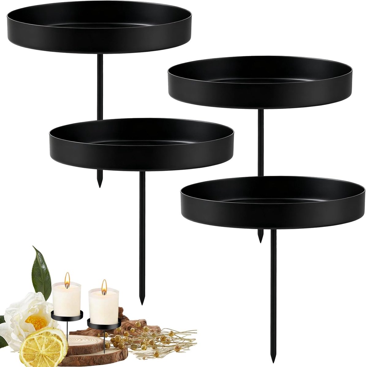 Set van 4 Metalen Kaarsenhouders - 8 cm Doorsnede - Zwart