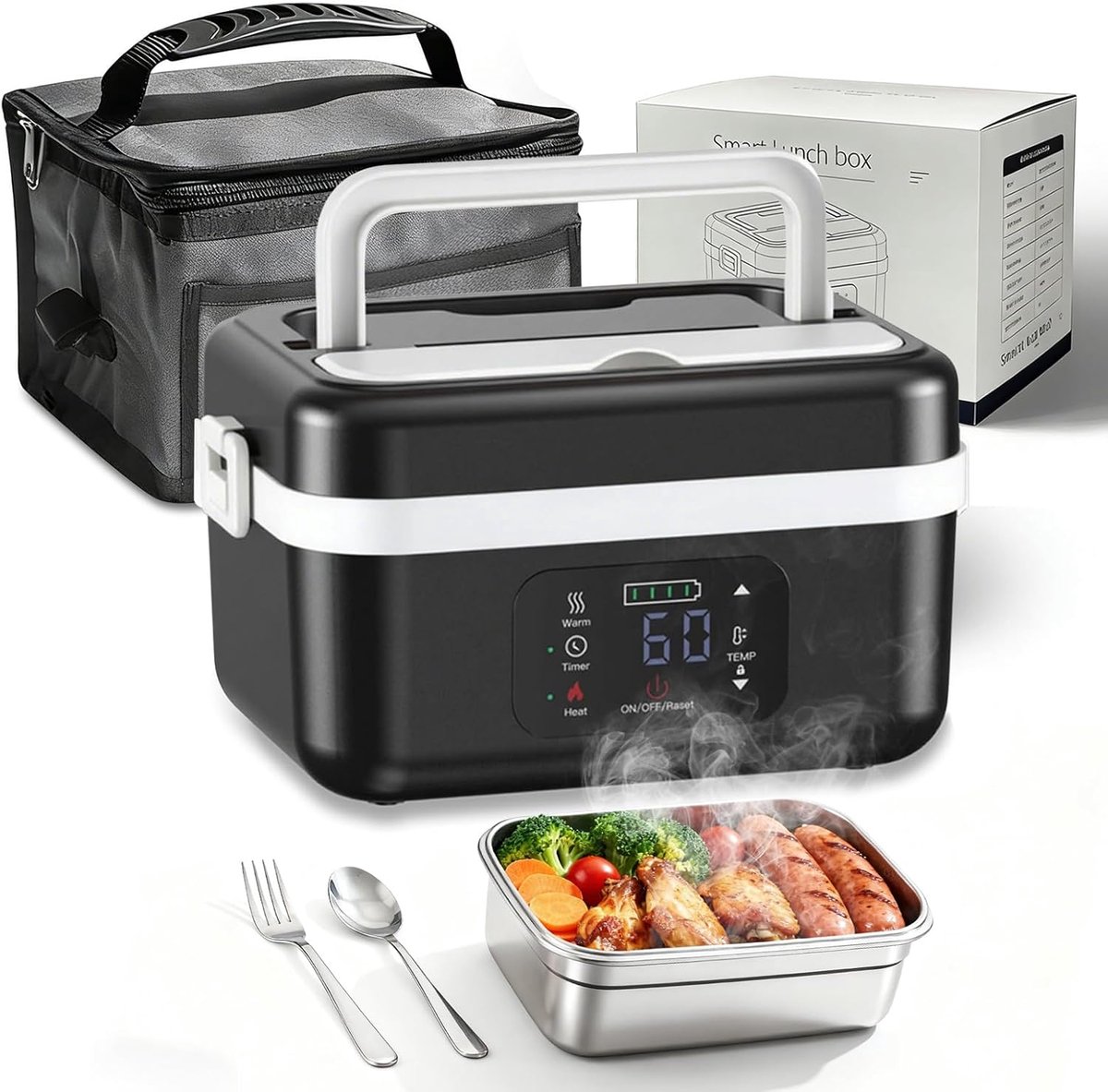 SnelShoppen - Draagbare Elektrische Lunch Box met Timer en Verstelbare Verwarmfunctie, 1L Lunchdoos voor Werk, Familie, Camping, Kantoor, Auto, Reizen