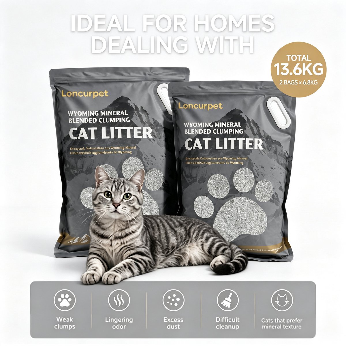 Loncurpet - kattenbakvulling - Wyoming Natrium Bentoniet Klei +Cassava - 2 x 6,8kg - Sterk Klontvormend - Plakt Niet aan de Bodem - Effectieve Geurcontrole & Stofvrij