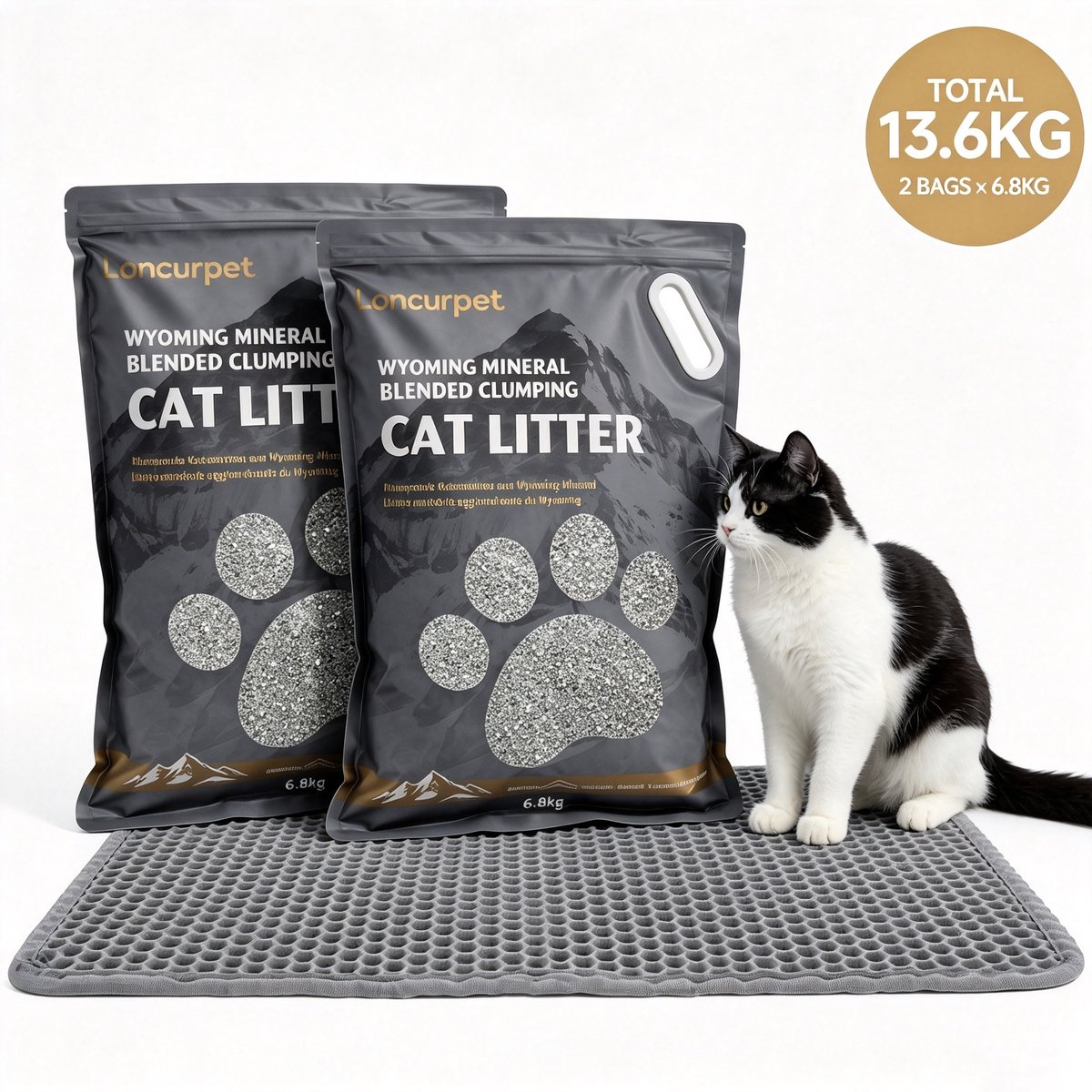Loncurpet - Kattenbakvulling - 2 x 6,8kg - Met Kattenbakmat - Wyoming Natrium Bentoniet Klei +Cassava - Snelle Klontvorming - Plakt Niet - 100% Zonder Stof - Geurneutraal voor Gevoelige Katten