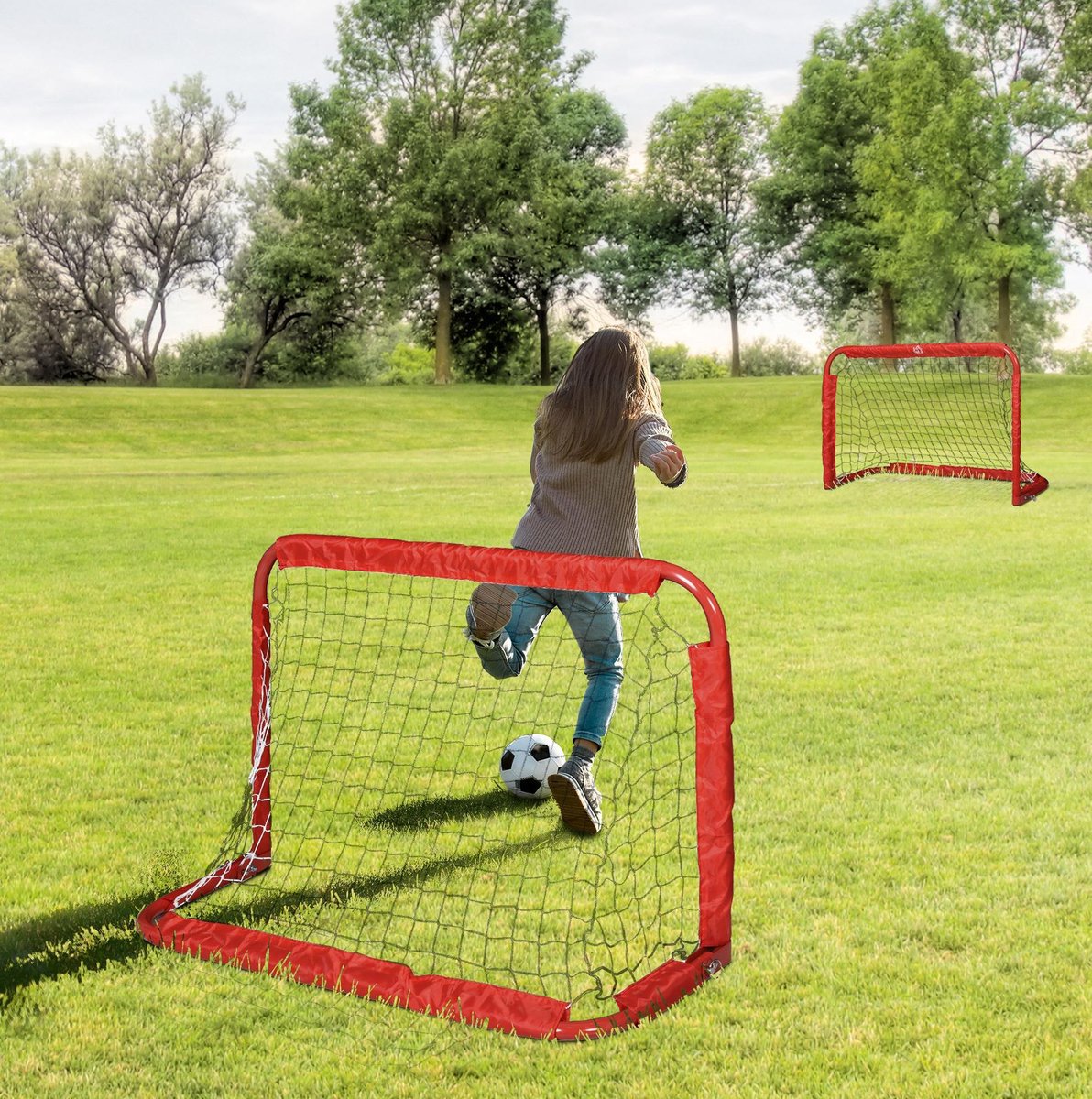 COVREO Voetbaldoel 90x36x60 cm rood, staal inklapbaar 2 stuks