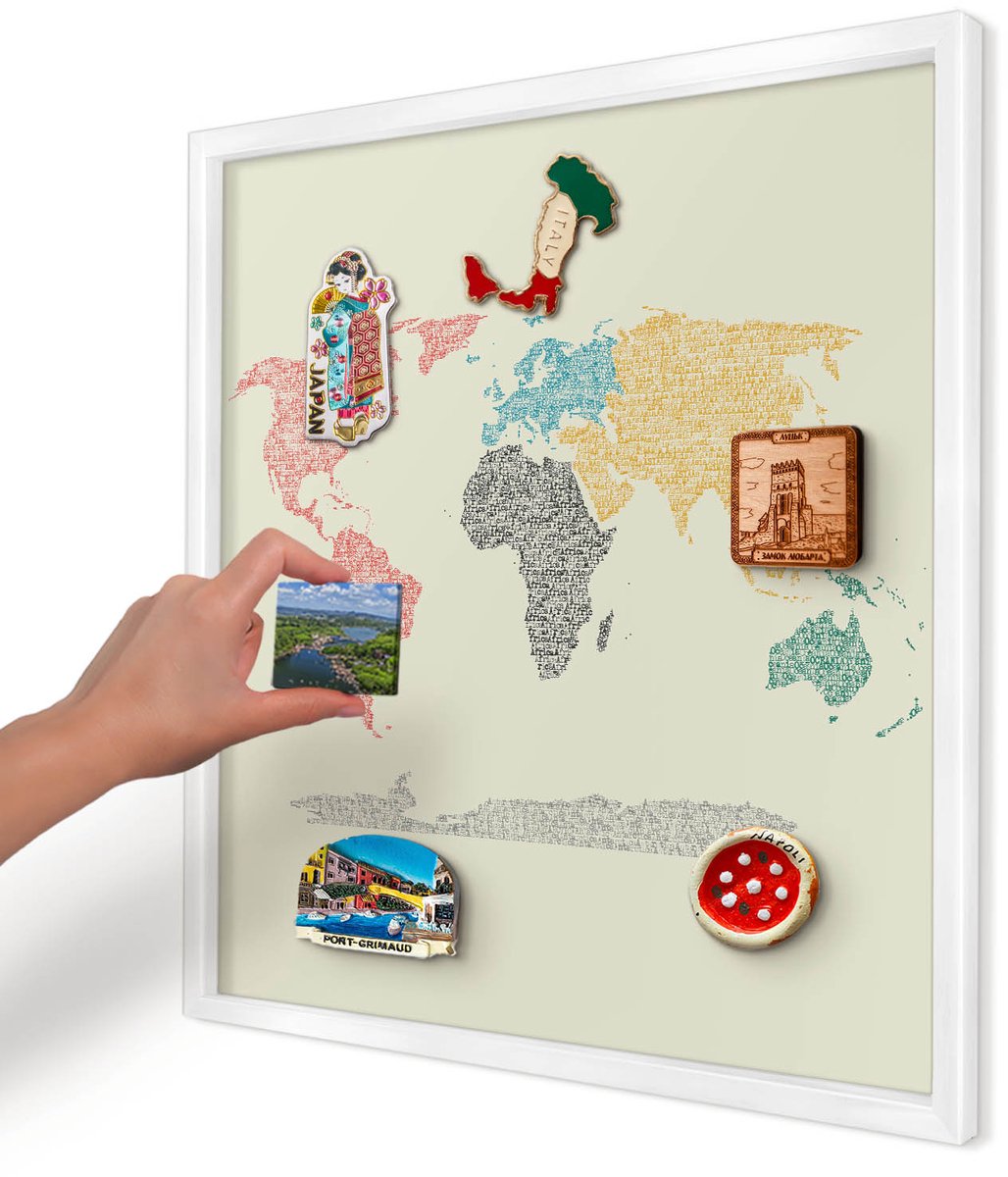 Artprintcave Beige Magneetbord mit Witte Lijst - 50x50 cm - Wereldkaart Magneetbord Voor Keuken - Typografisch Memobord Keuken - Kaarten