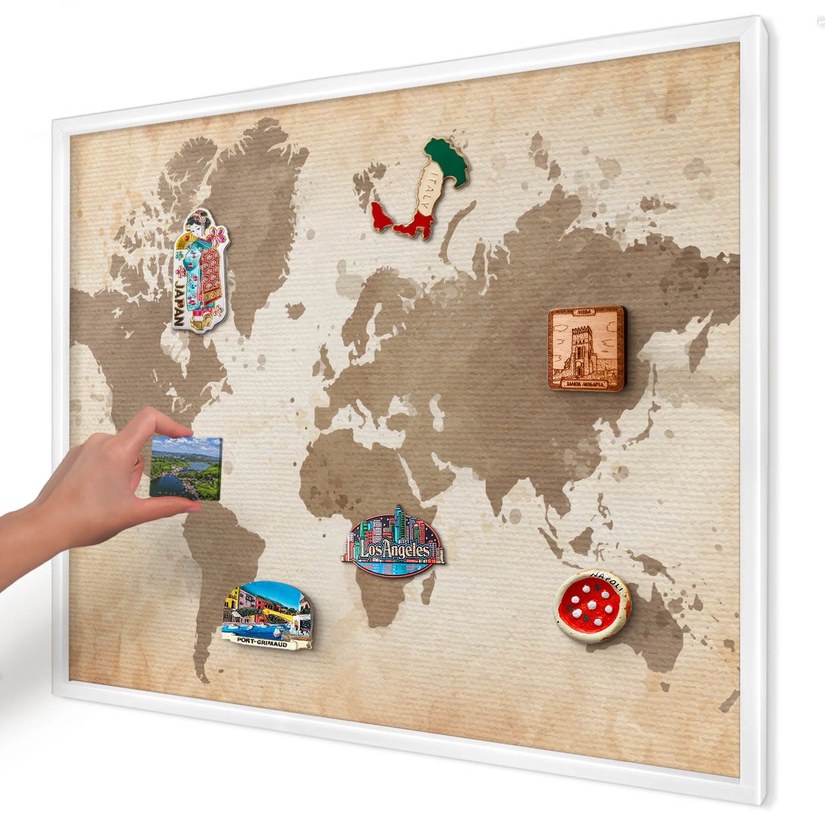 Artprintcave Bruin Magneetbord mit Witte Lijst - 80x60 cm - Wereldkaart Magneet Bord mit Frame - Vintage Magnetisch Bord Voor Magneten - Kaarten