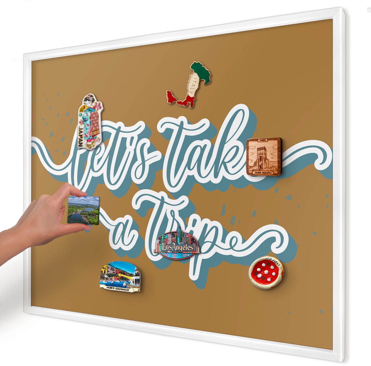 Artprintcave Bruin Magneetbord mit Witte Lijst - 80x60 cm - Droomreis Wandbord Magnetisch - Typografisch Magneetbord Voor Keuken - Teksten
