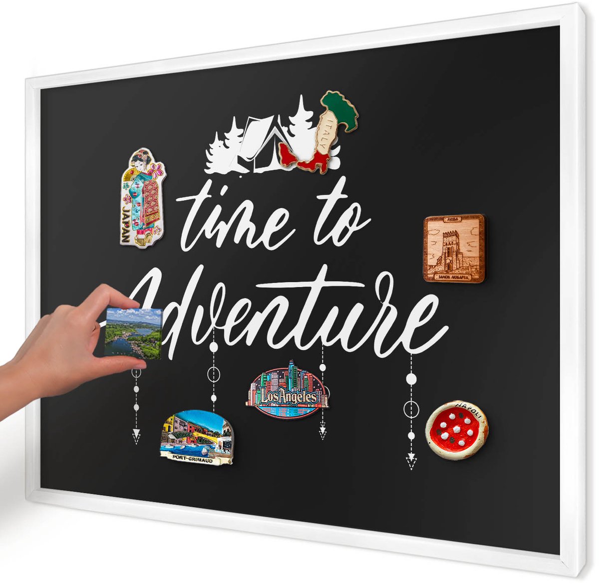 Artprintcave Zwart Magneetbord mit Witte Lijst - 70x50 cm - Avontuur Wacht. Magneetbord Voor Keuken - Modern Magnetisch Bord Voor Magneten - Teksten