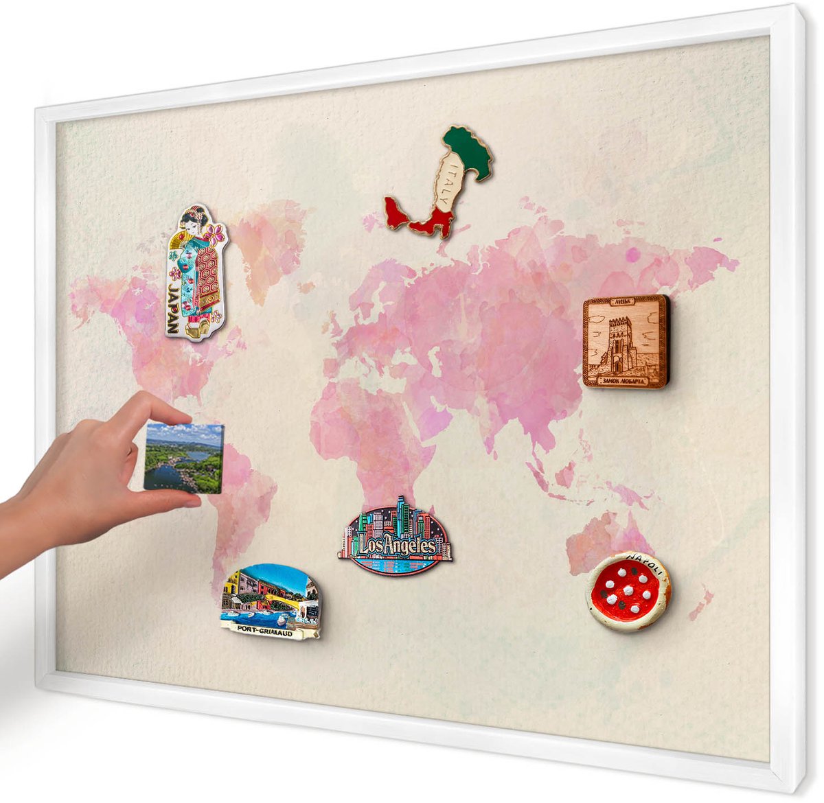 Artprintcave Roze Magneetbord mit Witte Lijst - 70x50 cm - Wereldkaart Magnetische Organizer - Waterverf Wandbord Magnetisch - Kaarten