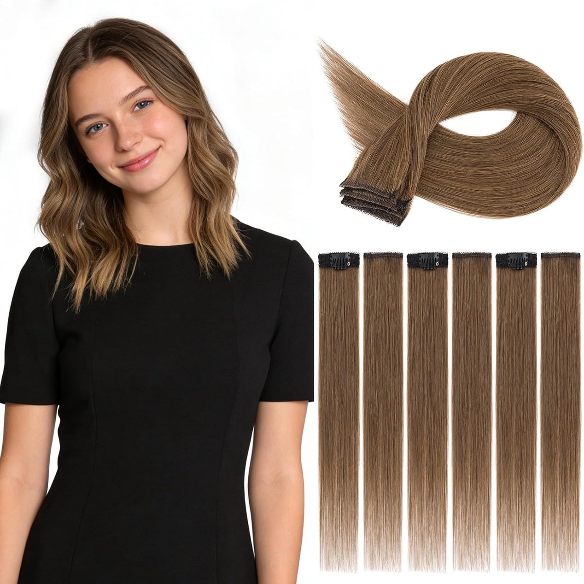 Clip-in Haarextensions voor Dames en Kinderen, 100% Echte Menselijke Haar, 6 Stukken, 25CM Donkerbruin, Gemakkelijk Te Bevestigen en Natuurlijke Look