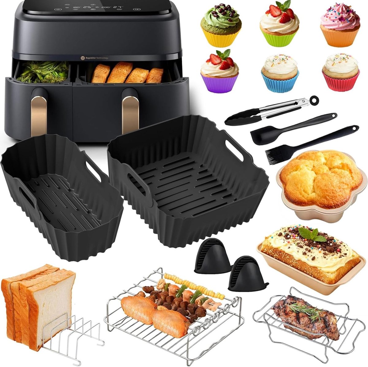 Accessoires voor Heerlijke Heißluftfriteuse - Siliconen Bakvormen, Grillrooster en Broodvorm voor Dual Basket 6L/3L en 9L Airfryers