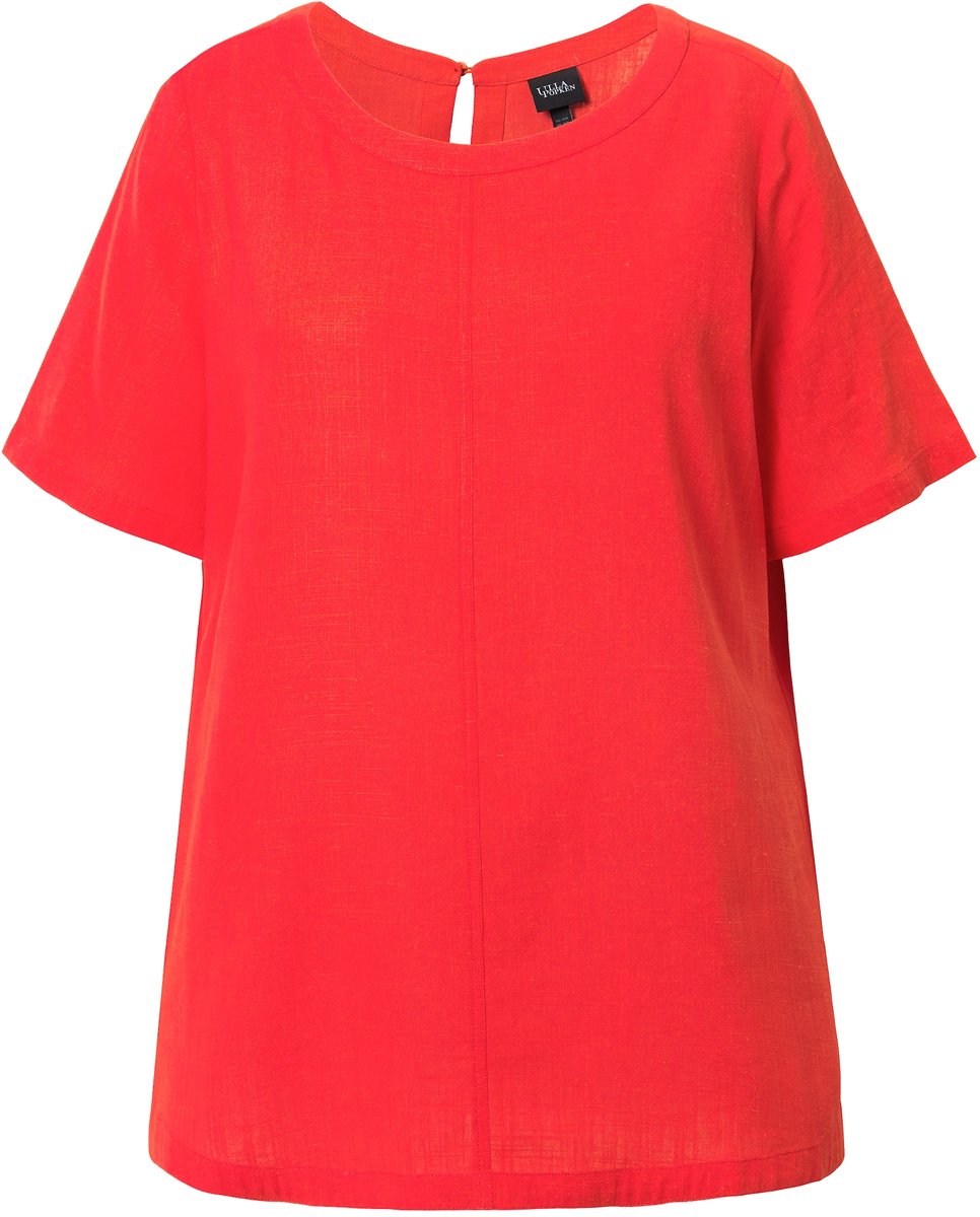 Ulla Popken - Dames - Blouse linnenmix A-lijn ronde hals korte mouwen - Lichtrood - Maat 42+