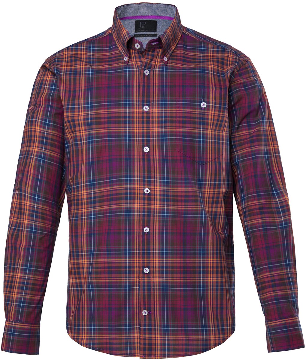 JP 1880 - Heren - Geruit overhemd lange mouwen buttondown kraag modern fit - Druivenrood - Maat 5XL