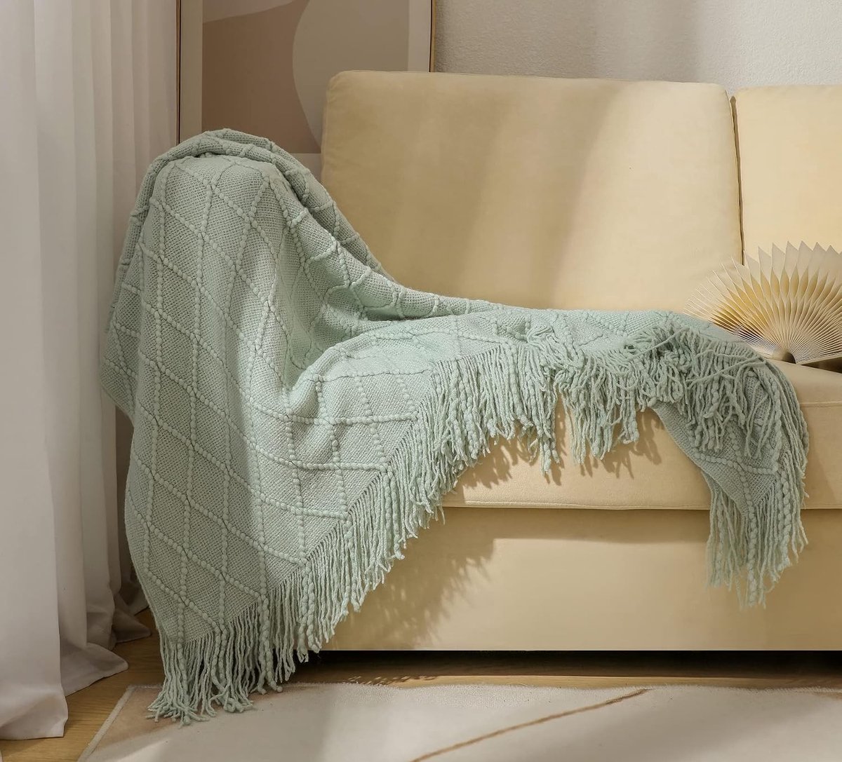 Zachte Gebreide Woldeken met Franjes voor Sofa en Slaapkamer - Lichtgroen 125 x 210 cm, Ideaal voor Comfort en Warmte