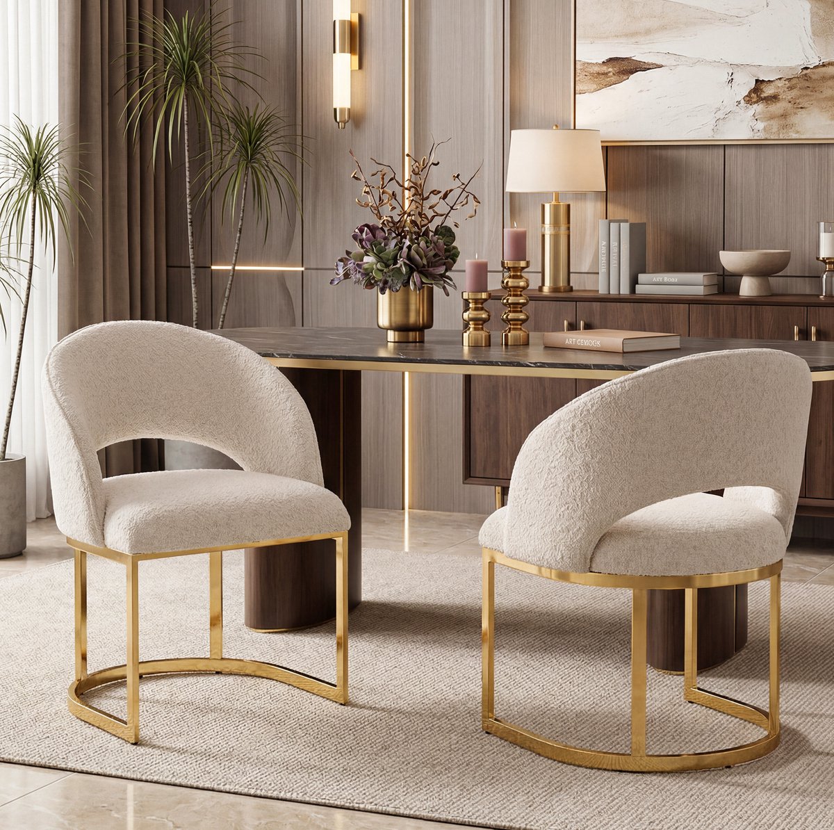 MIVRAY Eetkamerstoel Set Van 2 - Boucle Kuipstoel Met Comfortabele Zitting - Voor Eetkamer Woonkamer En Cafe - Metaal Beige Goud