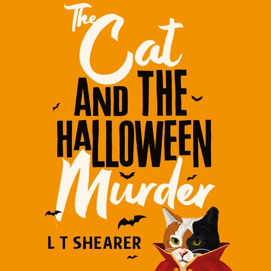 Boekcover: De tekst 'The Cat And The Halloween Murder' op een oranje achtergrond, met een kat in een vampierkostuum.