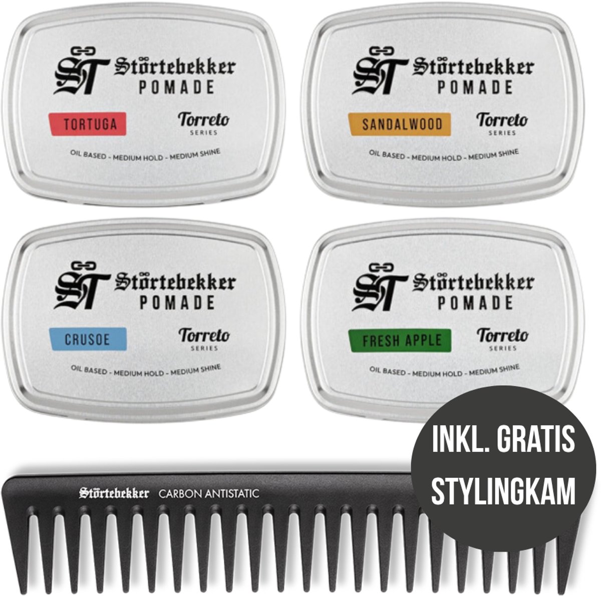 Störtebekker® Premium Pomade Oliebasis Probeerset + Gratis Styling Kam - 4x Pomade Heren - Medium Hold - Medium Glans - Haarwax 125ml - Haarpomade - Haarstyling Hair Wax Oil Based Made in Germany