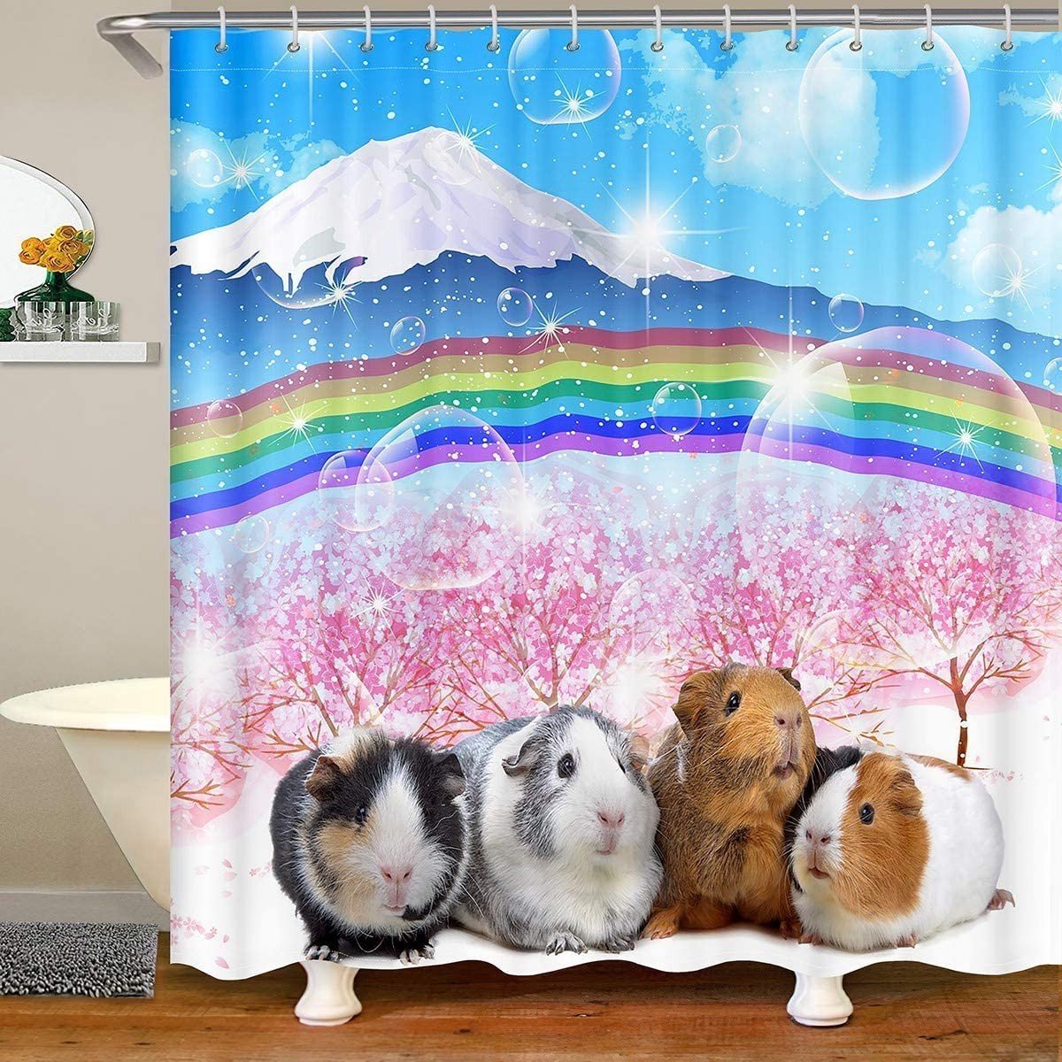 Omgoods - Guinea Pig Douchegordijn voor Meisjes en Jongens - Schattige Cavia's en Regenboog Landschap 180x240cm