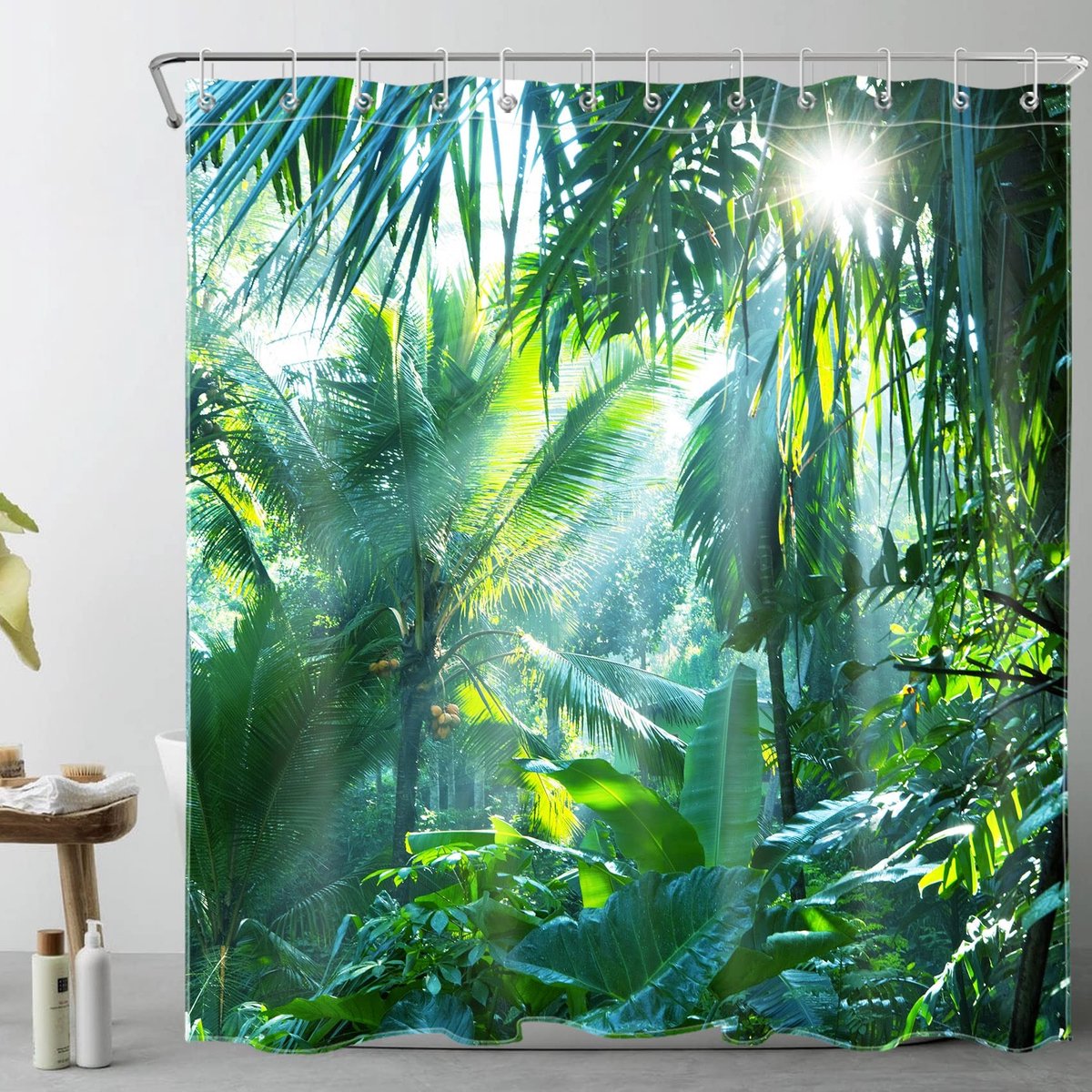 Omgoods - Douchegordijn Groen Tropisch Bos - Waterdicht en Wasbaar met Haakjes 180x200cm