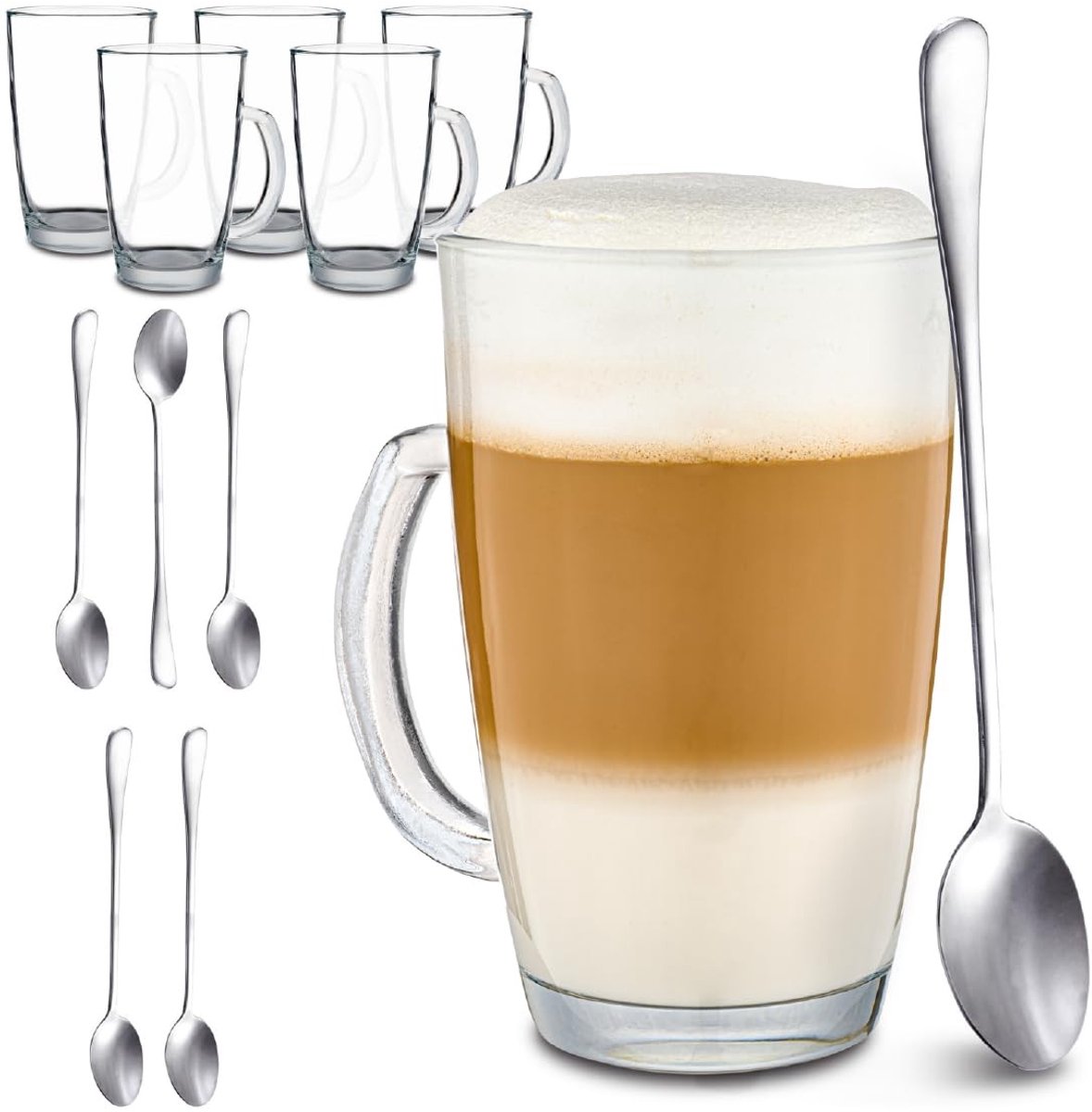 Omgoods - Set van 6 Cappuccino Glazen met Handvat en Lepel, 250 ml