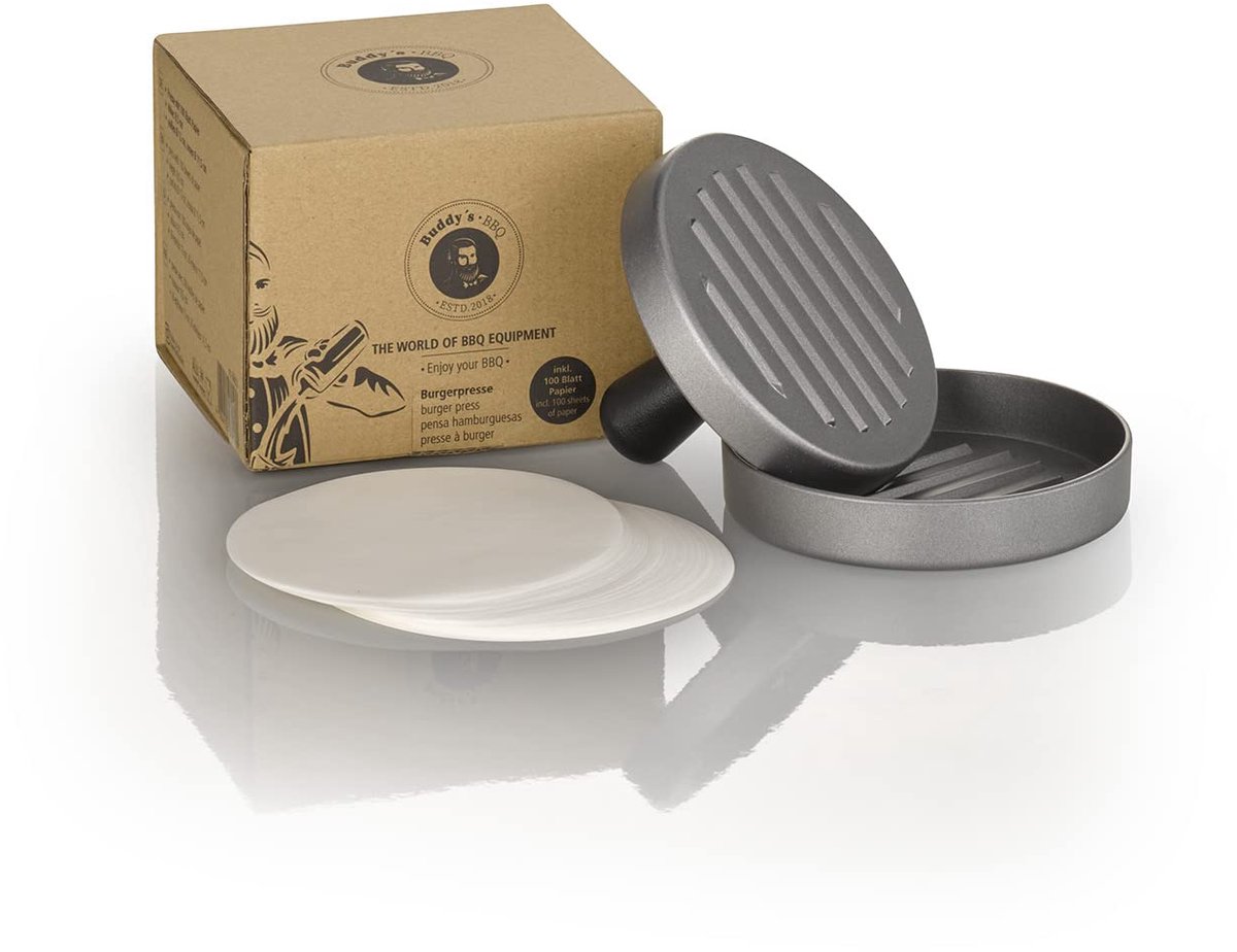 Buddy's BBQ - burgerpers - aluminium antiaanbak - Ø 12 cm - afneembare handgreep - 100 vellen papier