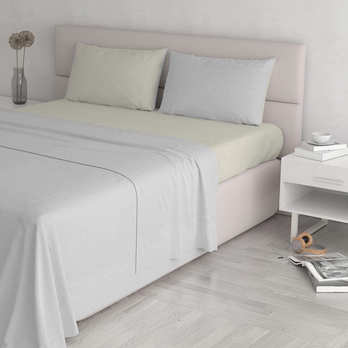 Omgoods - Italiaanse Bedlinnen Set - Lichtgrijs/Cream, Dubbel Bed
