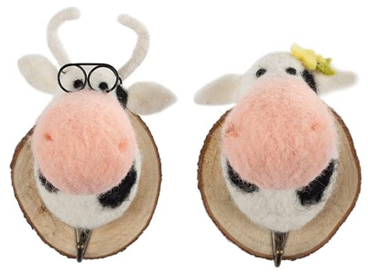 Omgoods - Decoratieve Kapstokhaak Koe met Parelketting - Roze/Zwart/Wit - Set van 2
