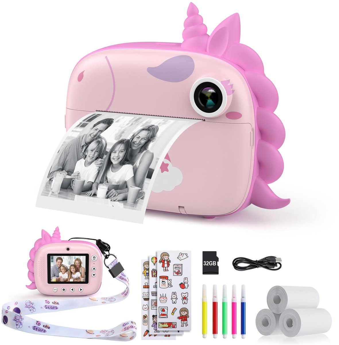 Omgoods - Kinderfotocamera met Printpapier en 32G TF Kaart - Creatief Speelgoed voor Kinderen