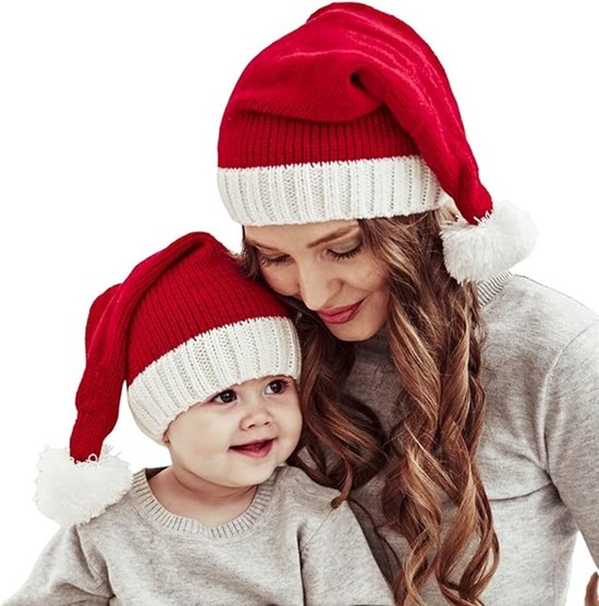 2 kerstmutsen, kerstmanmutsen, bijpassende gebreide kerstmutsen voor ouders en kinderen, warm en zacht, geschikt voor volwassenen en kinderen (1 muts voor volwassenen, 1 muts voor kinderen)