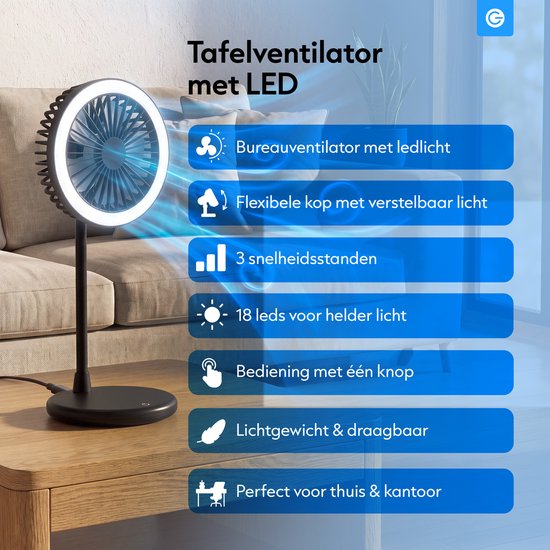 Zwarte tafelventilator met LED-verlichting, flexibele kop, 3 snelheden en 18 leds.
