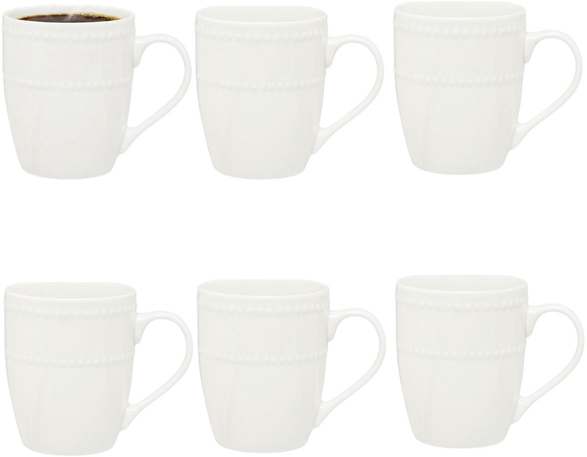 Secret de Gourmet koffie kopjes - Ivory - 6x stuks - wit - 350 ml - mokken - porselein - met stijlvol decoratie motief