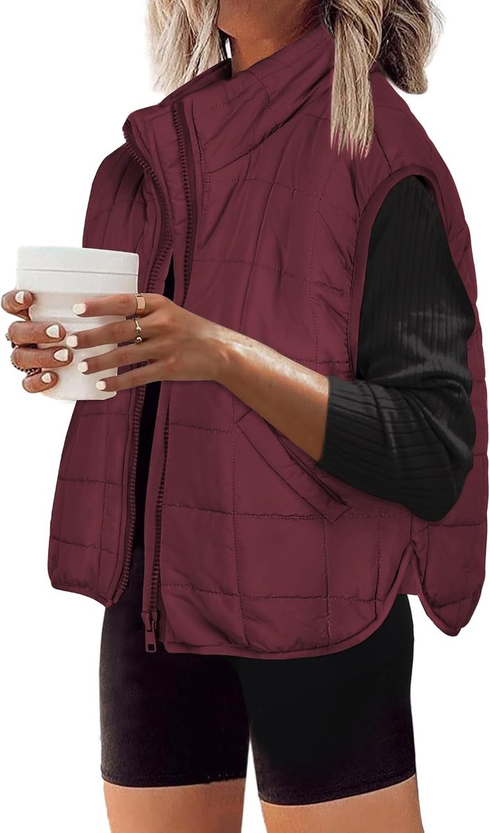 Vest voor dames, kort gewatteerd vest, mouwloos, overgangsjas, herfst, licht, gilet, vest, warme winterjas met zakken