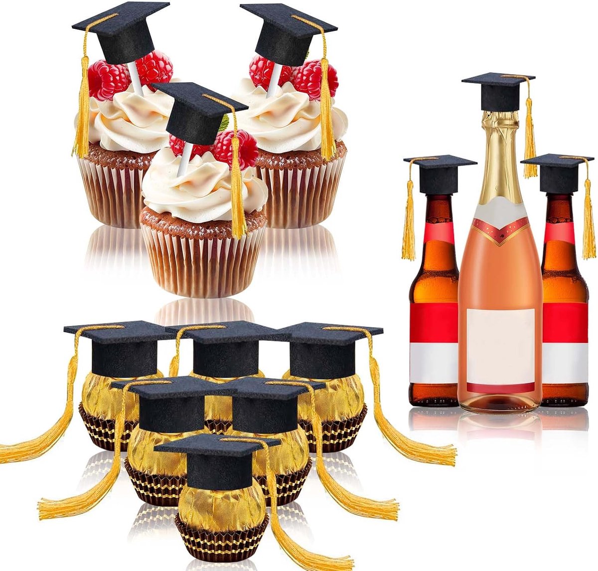12 Stuks Zwart Afstudeerhoed Taarttoppers, Kwast, Taartdecoratie Voor Afstudeerfeest (D)