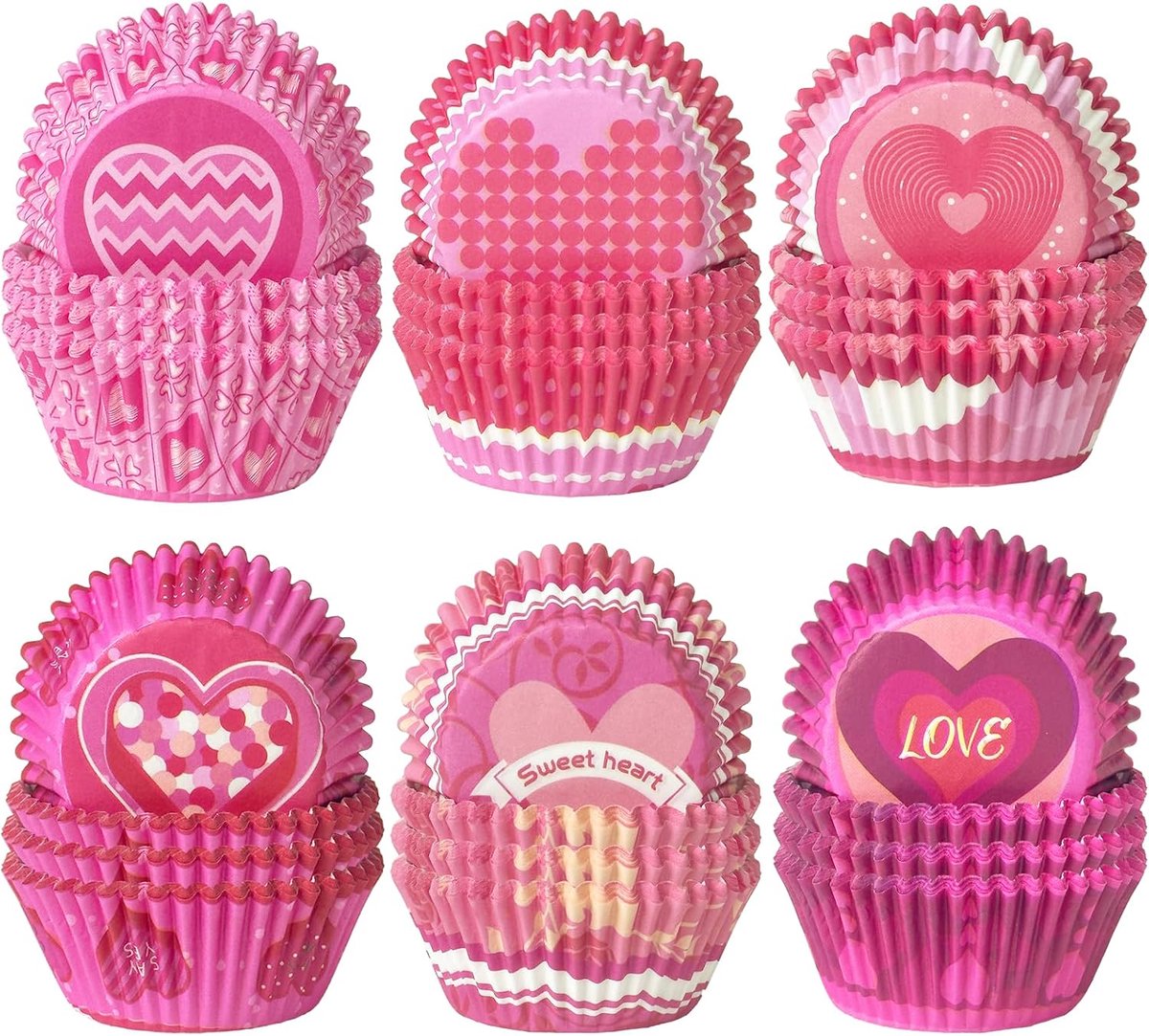 300 stuks standaard muffinvormpjes cupcake-bekers 6 ontwerpen rood roze Valentijnsdag muffinpapier bakvormpjes cupcake-hoezen (standaardmaat)