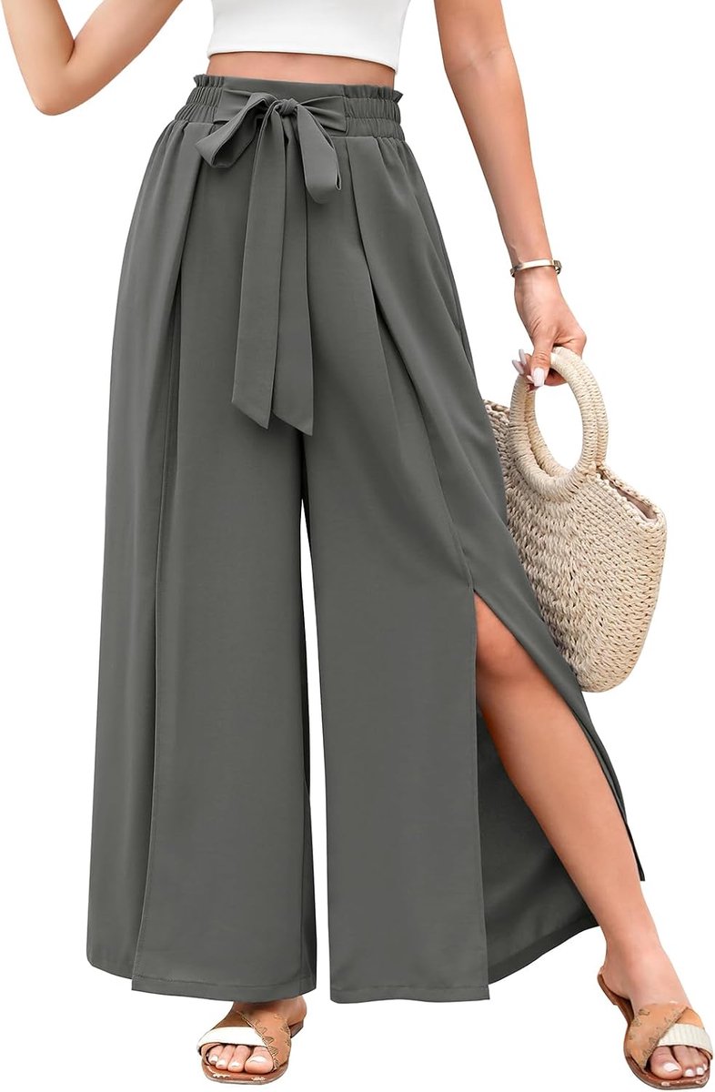 Palazzo broek voor dames, zomer, wijd, plissé, losse hoge taille, paperbag broek met split