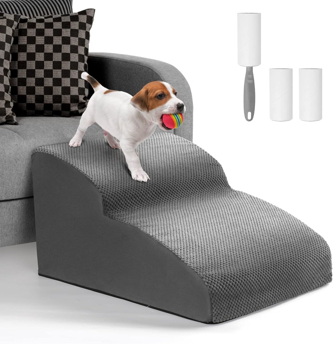 Hondentrap voor kleine honden, 2 treden, huisdiertrap, kattentrap, hondenhelling van spons voor bank of bed, hondentrappen met afneembaar overtrek, wasbare huisdierladder, pluisrol, grijs