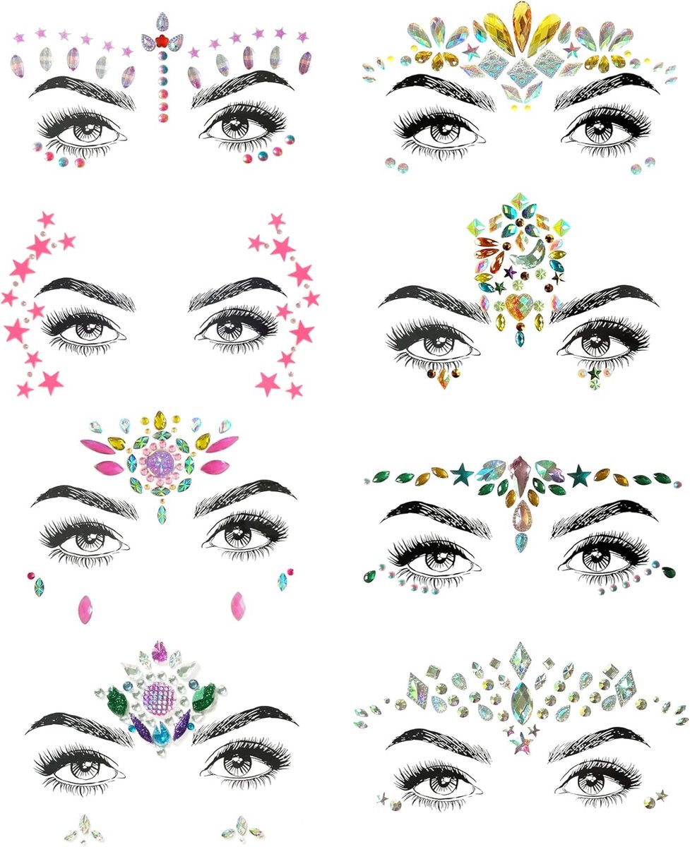 8 stuks edelstenen gezichtsstickers voor muziekfestival vakantiefeest strass gezicht sticker voor Halloween Kerstmis, gezicht glitter sticker tijdelijke tatoeage voor verjaardag carnaval