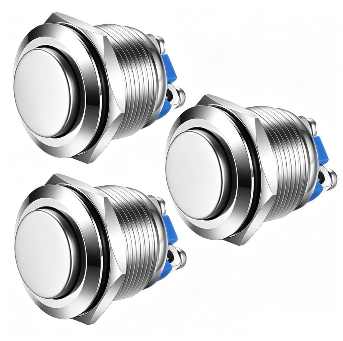 3stuks 19mm 5A 12V/24V/125V/250VAC Momentan knop Schroefklemmen Roestvrij staal Metaal Waterdichte knop (hoge kop)