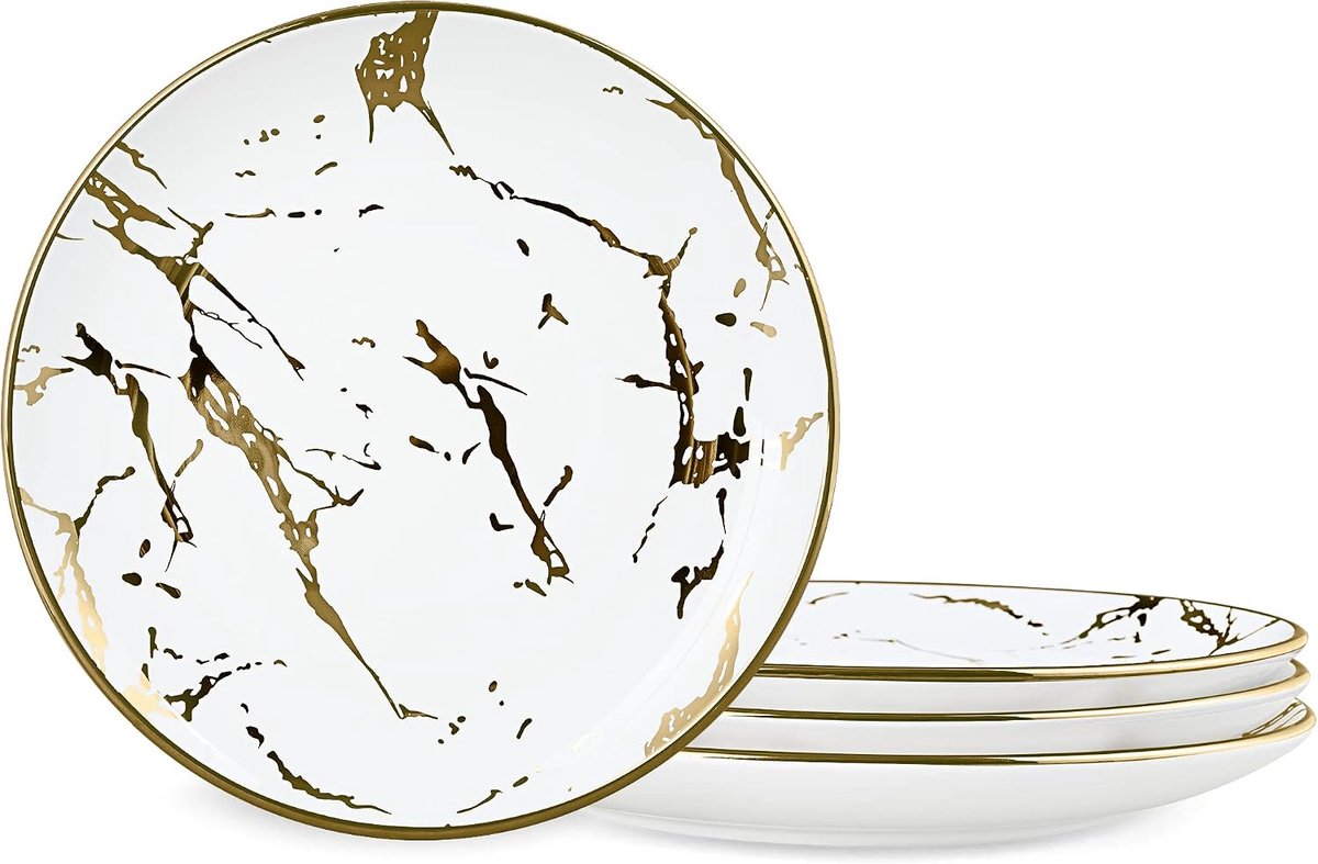 fanquare 25cm Goud Marmeren Diner Borden Sets van 4, Keramische Grote Dinner Borden, Wit Diner Service Set voor Huishouden, Picknick