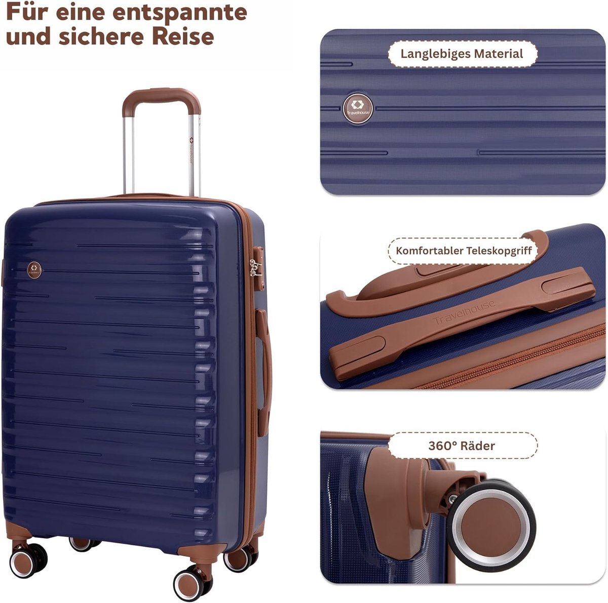 SnelShoppen - 5-delige Reisbagageset met Wielen - Polycarbonaat + ABS Harde Koffer - 75 cm, 65 cm, 55 cm Handbagage + Uitbreidbare Waterdichte Reisbag