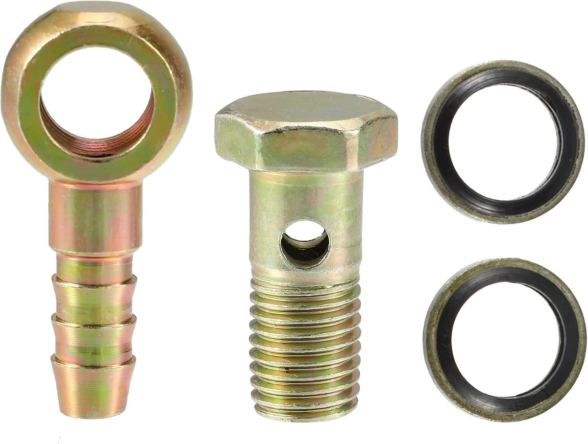 1 set M12x1,5 banjo bout slang bar kit met koperen sluitringen ijzer | Bronskleurig, M12 x 1,5, voor lucht- en brandstoftoevoer, voor motor, 2 koperen sluitringen, 1 schroef, 1 steeknippel