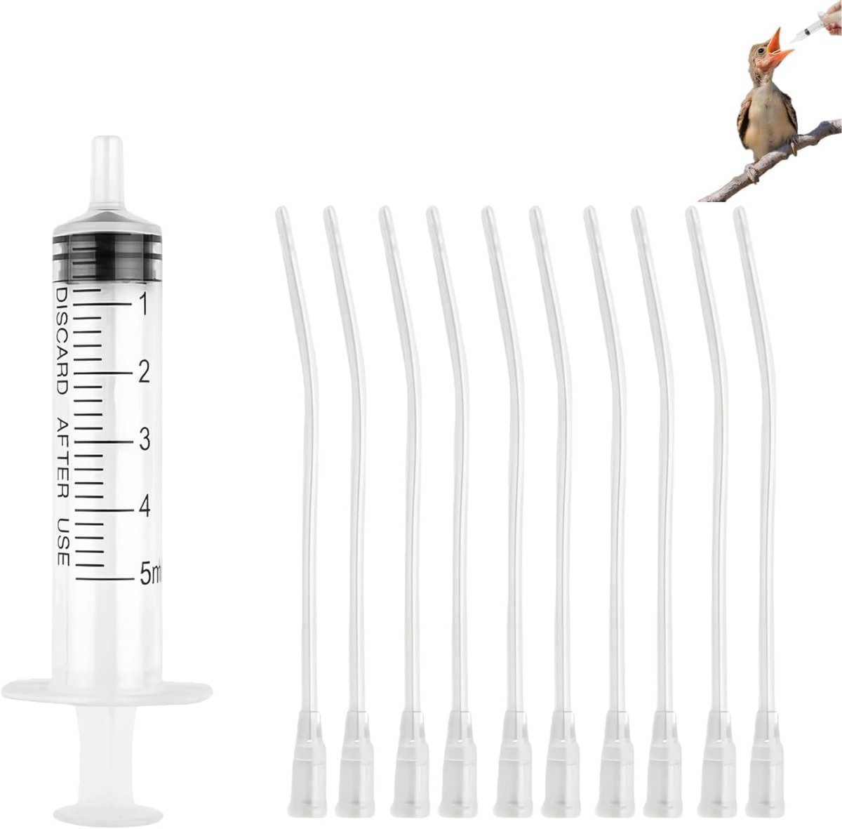 Voedingsslang voor Jonge Vogels, 1 stuk 5ml spuit met 10 stuks 8ml slang, Duiven Accessoires, Voeder, Handvoedingsspuit voor het Voeden van Water en Melk aan Vogels, Papegaaien en Kleine