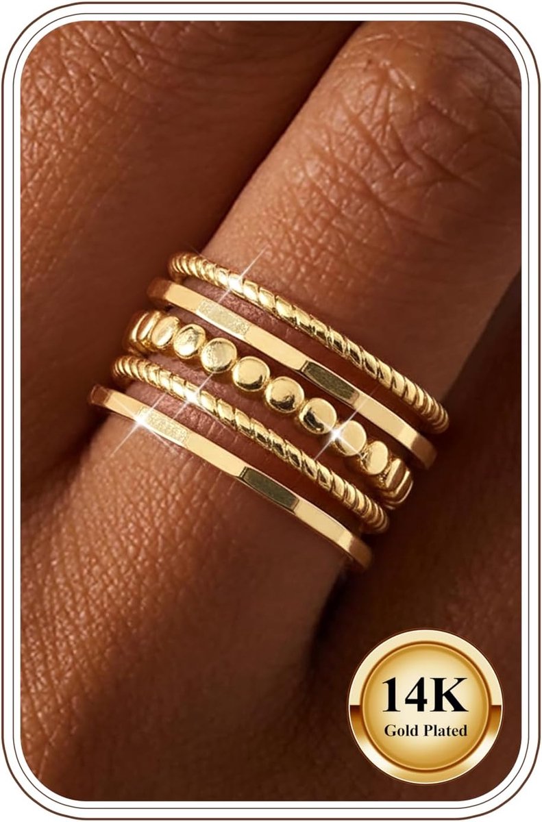 5 stuks 14 K gouden ringen voor vrouwen, dikke twist, zilveren banden, ring, geen vlekken, stapelen, duimring, bruiloftsbanden, maat 5-10