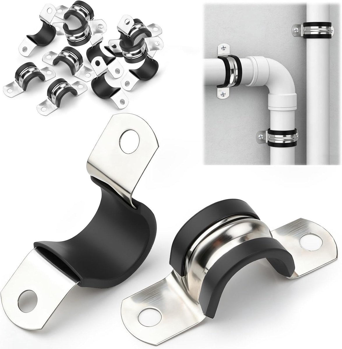Buisklemmen, 16 stuks, U-klem, Ø 20 mm, halve klem, U-vorm, bevestigingsklemmen, buisklemmen, roestvrij staal 304, buishouder, U-houder, metaal, 2 gaten, buisklem met rubberen bekleding voor