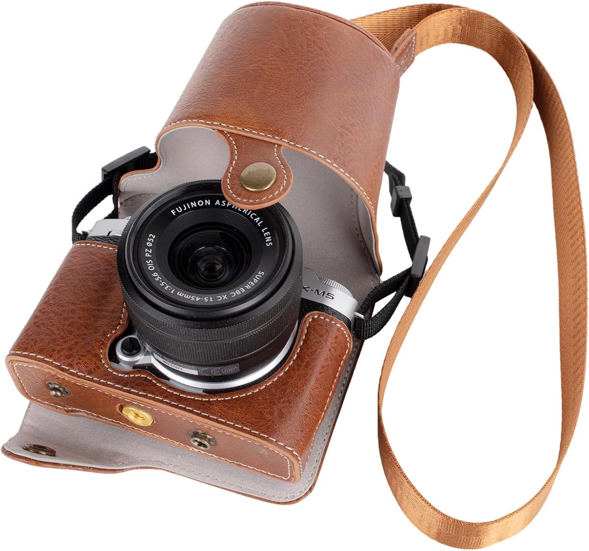 Beschermende cameratas voor Fujifilm XM5, Fuji XM5 halve hoes met voorkant met schouderriem volledige bescherming drukknop, Koffie, retro cameratas