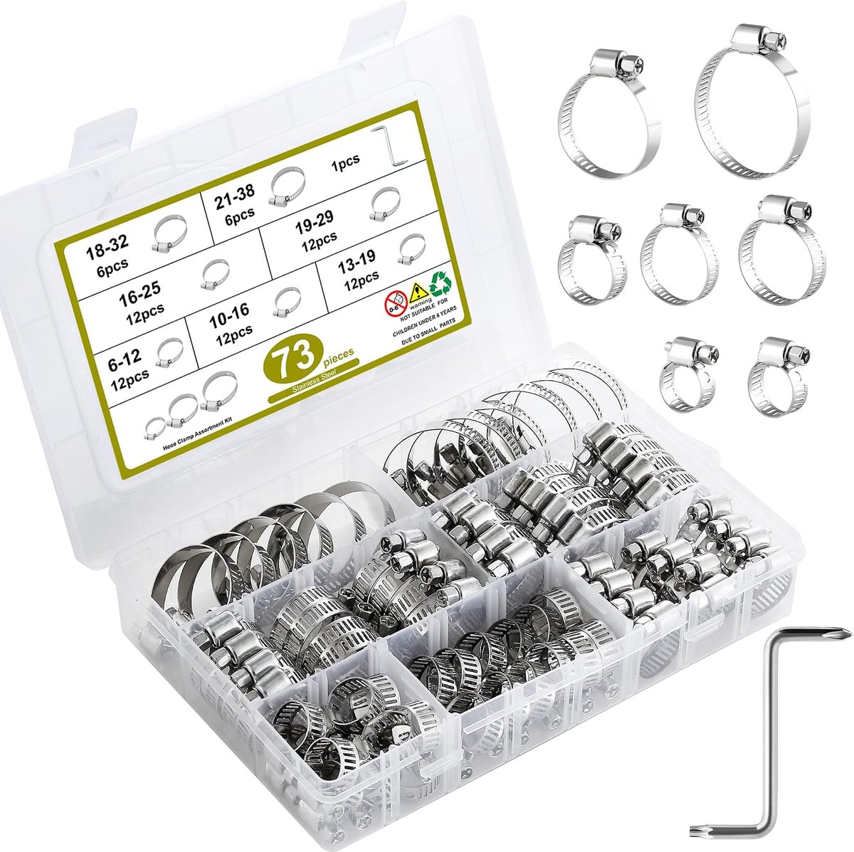 SnelShoppen - 73-delige RVS Slangklemmen Set 6–38 mm, Verstelbare Klemmen in 7 Maten met Schroevendraaier, Ideaal voor Waterleidingen, Auto's, Gas en