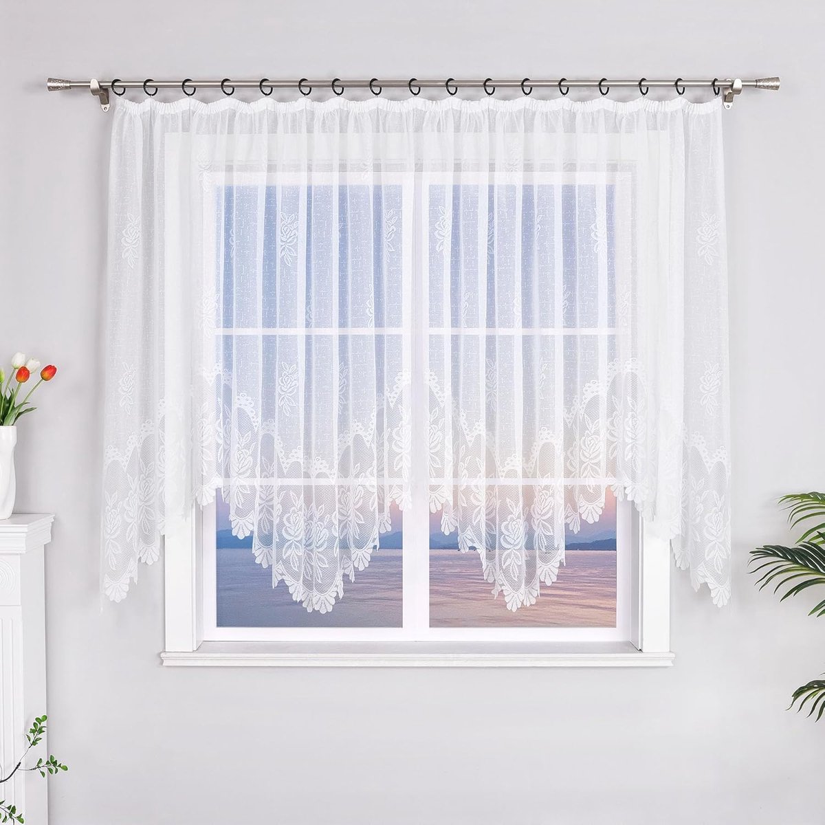 Transparant gordijn, jacquard, gordijn, bandsjaal, 1 stuk, universele band, winkel, plooiband, woonkamer, slaapkamer, wit, hoogte x breedte 145 x 300 cm