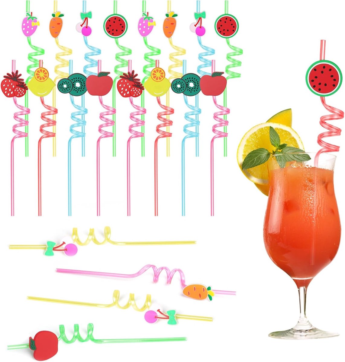 Plastic nieuwigheid rietjes, 16 stuks fruit herbruikbare drinkrietjes, kleurrijke krullende harde plastic rietjes voor kinderen volwassenen verjaardagsfeestje familie reünie zwembad