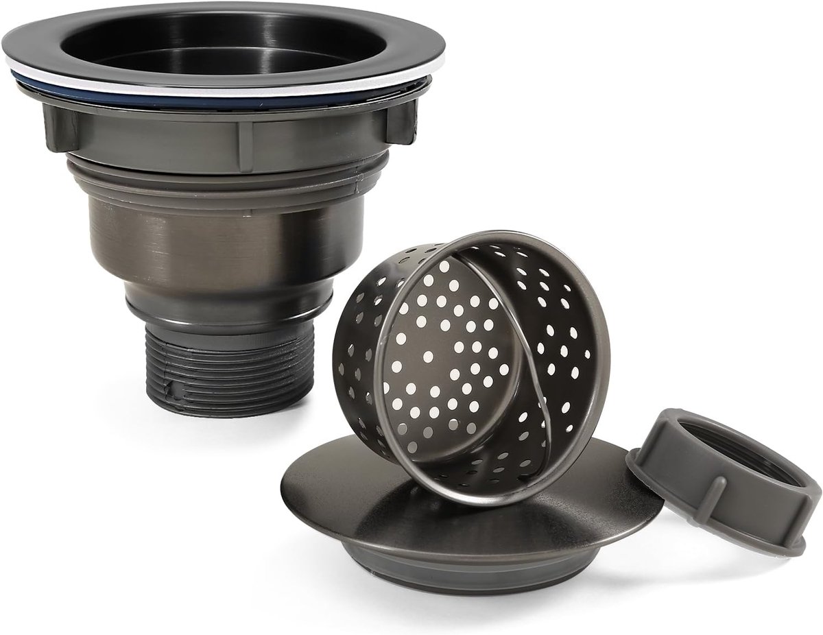 114 mm Keuken Spoelbak Afvoerset Vervangende Spoelbak Afvoersamenstelling Verwijderbare 304 Roestvrijstalen Verdiepde Spoelbak Zeef Mand met Afdichtingsdeksel voor Keuken Wasruimte RV (Zwart