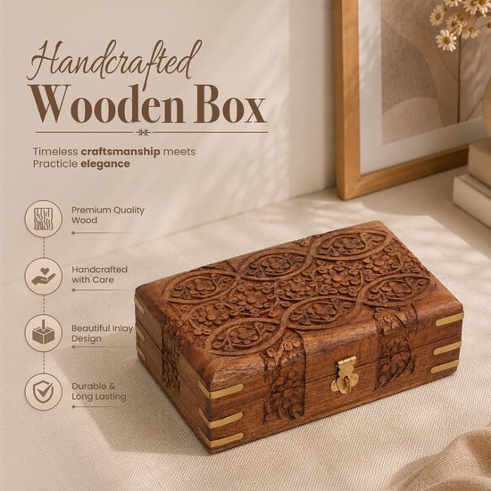 Handgesneden Houten Decoratieve Bloemensnijwerken Multifunctionele Opbergorganizer Aandenken Sieradendoos 8 x 5 inch — afbeelding 3