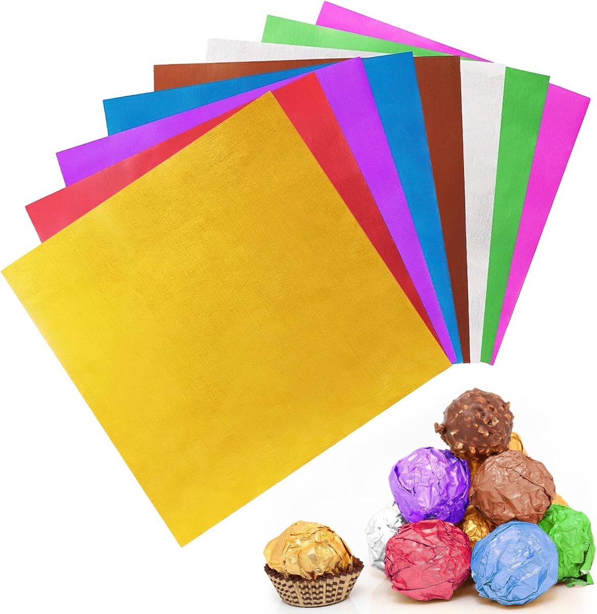 dellyy Verpakking van aluminium, chocolade, 800 stuks, 8 kleuren, aluminiumpapier, voor levensmiddelen, snoeppapier, voor knutselen, Halloween, Kerstmis en paasfeesten (12 x 12 cm)