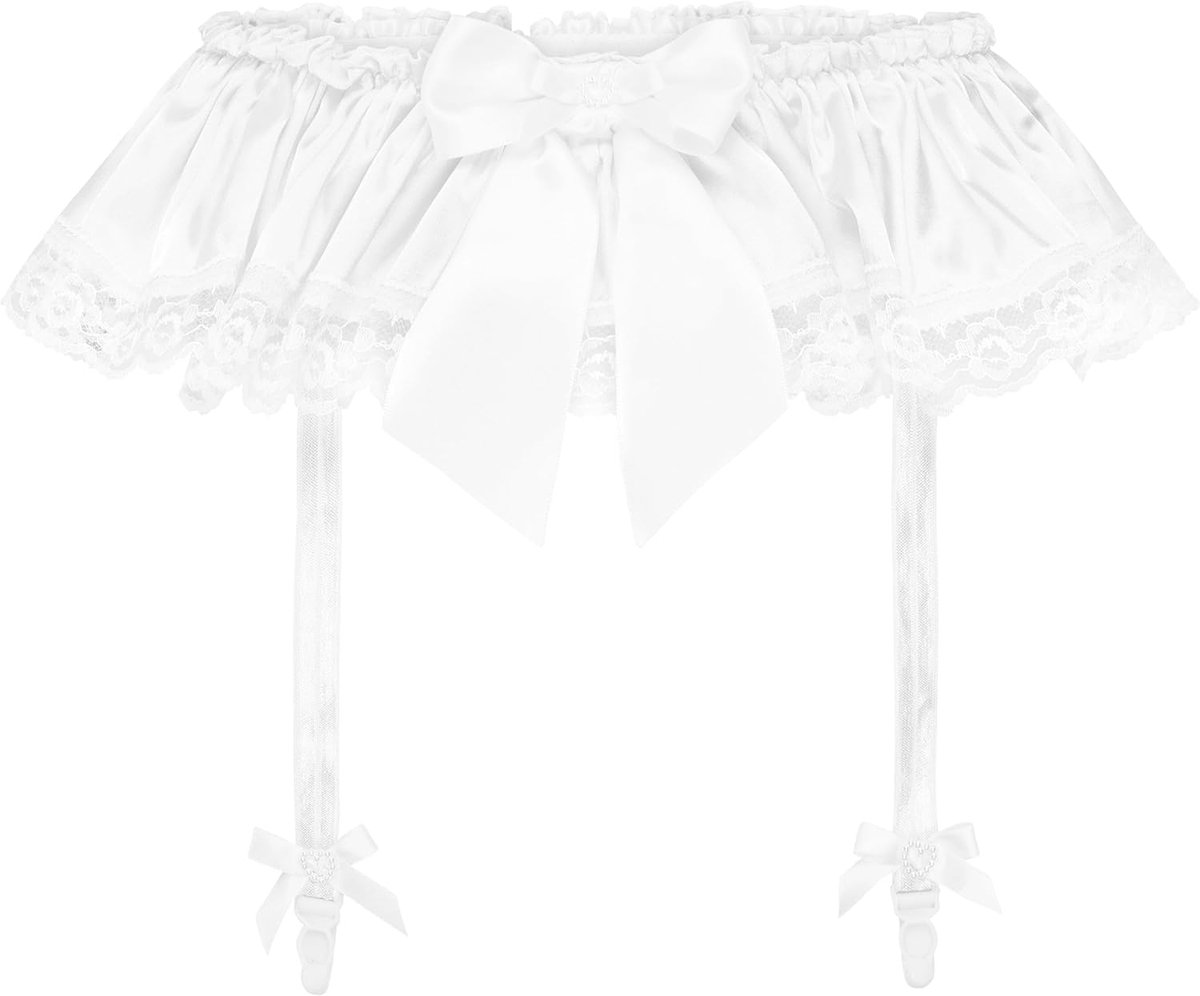 Satijnen Sissy Jarretelgordel Kant Strikken Lingerie | Zijdezachte Glans, Sierlijke Rand Met Ruches, Grote Blikvanger Vooraan, Platte Jarretelclips Voor Kousen